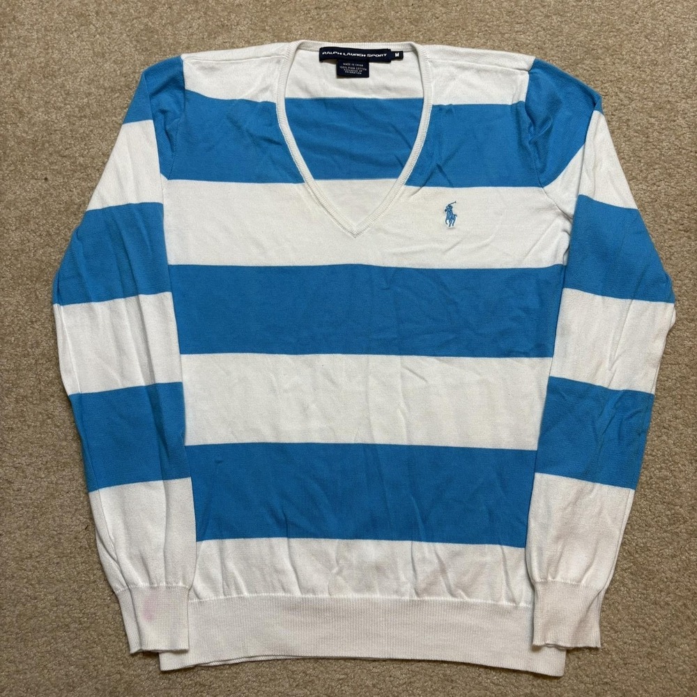 Ralph Lauren Sport‎ Sweater Womens Medium Blue White Striped V Neck Pima Cotton